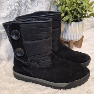 Lands End Women's Winter Boots Black Suede Fleece Lined Buttons Puffer Size 8